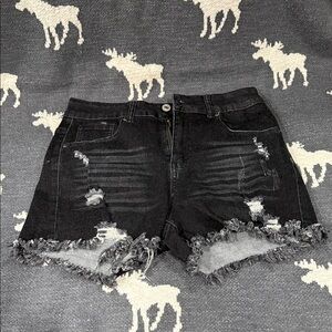 Distressed Black Denim Shorts